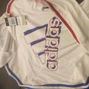 Boys Adidas White Hoodie with Red and Blue Stripes